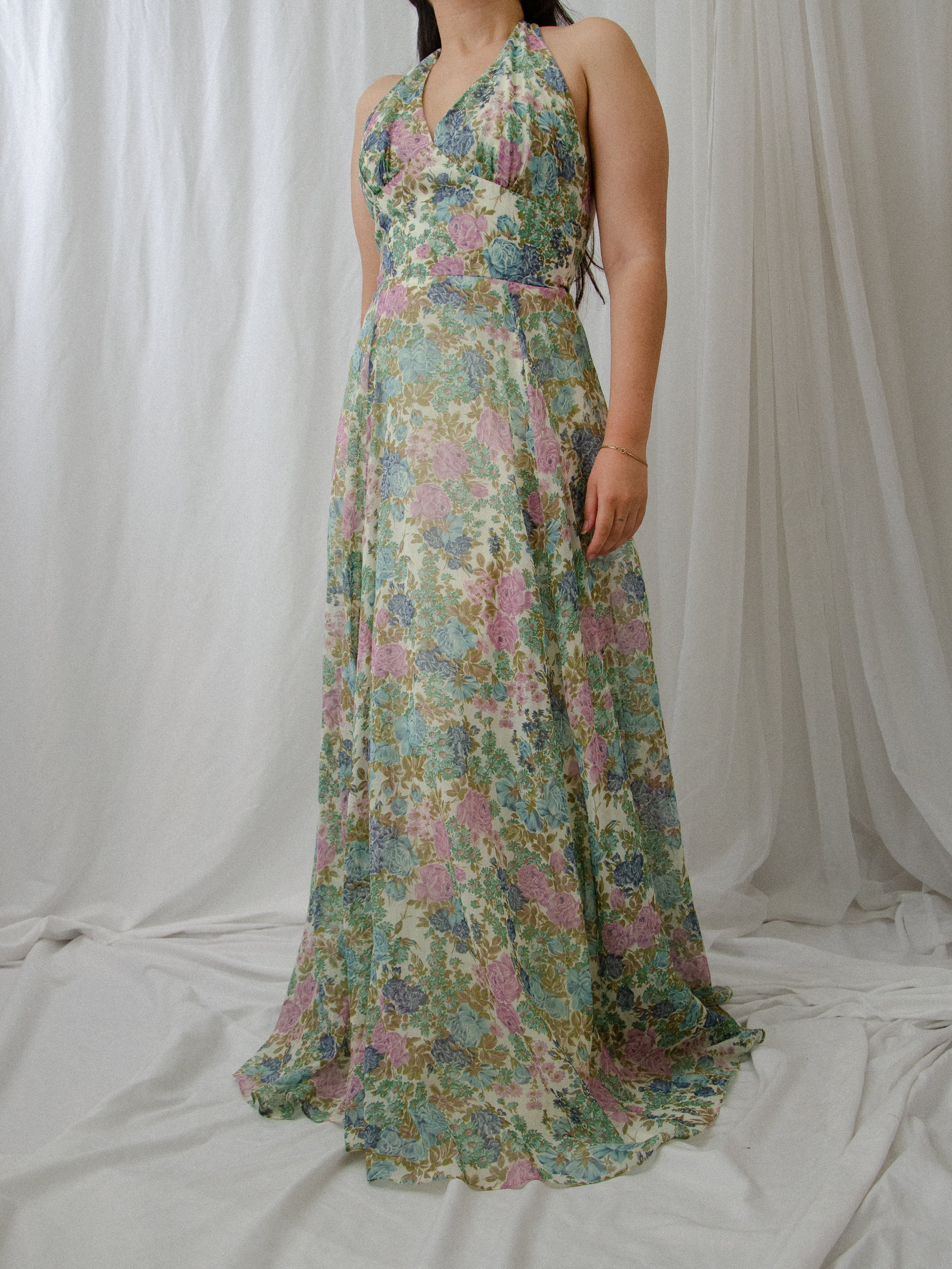 70s Floral Halter Maxi Dress (S/M) — PASO collection