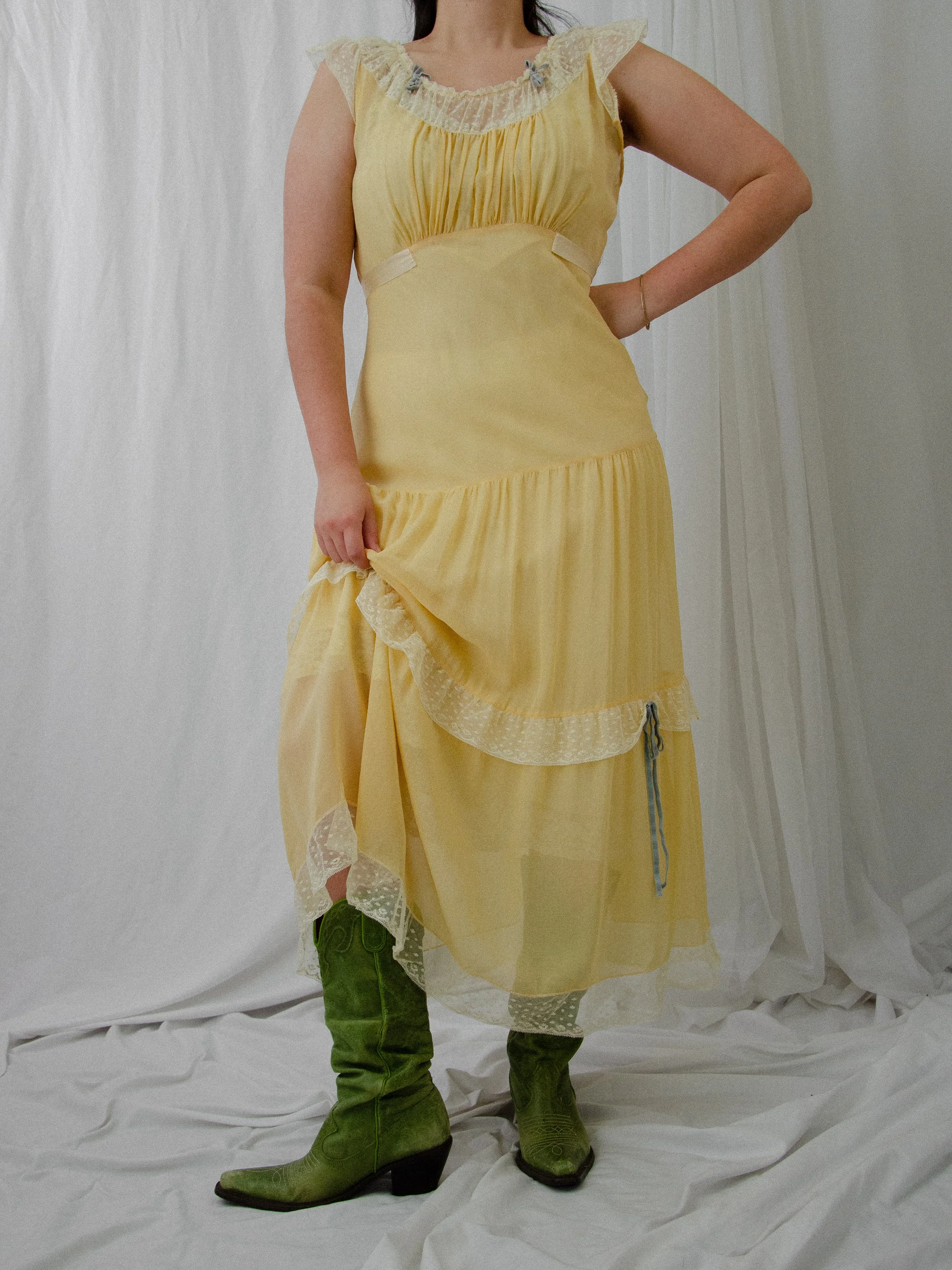 40s Canary Yellow Silk Dress (M)