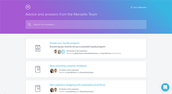 Marsello's help center landingpage.