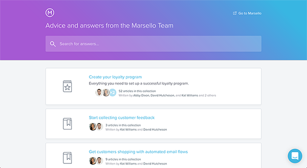 Marsello's help center landingpage. 