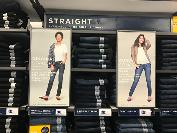 Old Navy in-store jean posters for Original Straight and Curvy Straight jeans.