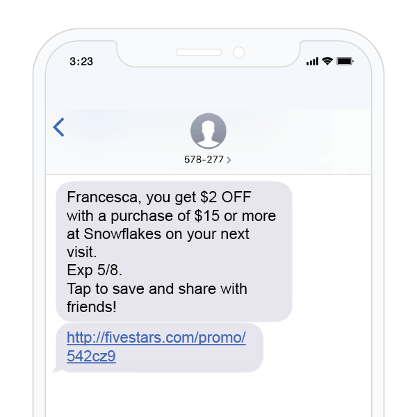 An SMS from Snowflakes that offers customers 15% off on their next purchase.