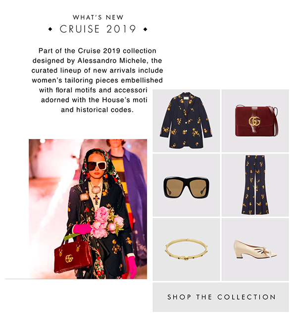 Several Gucci online products spread over a webpage. A button at the bottom states 'shop the collection'.