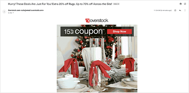 Email from overstock offering customers a 15% coupon