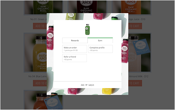 BudaJuice's loyalty widget from their website