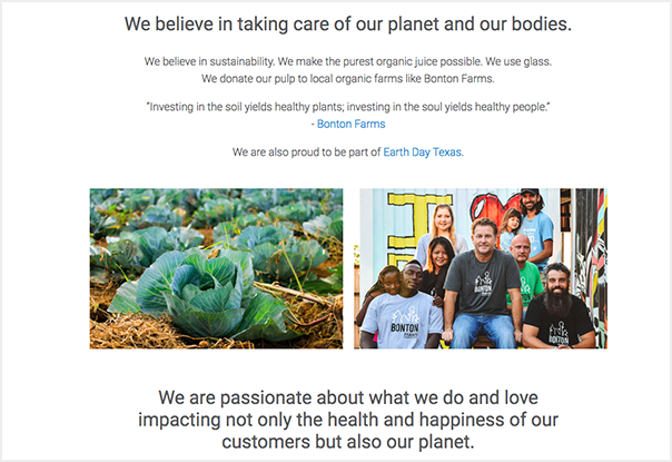 BudaJuice's Beliefs and Passions page from their website.