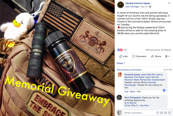 Double Comma Vape's memorial holiday giveaway advertised on instagram.