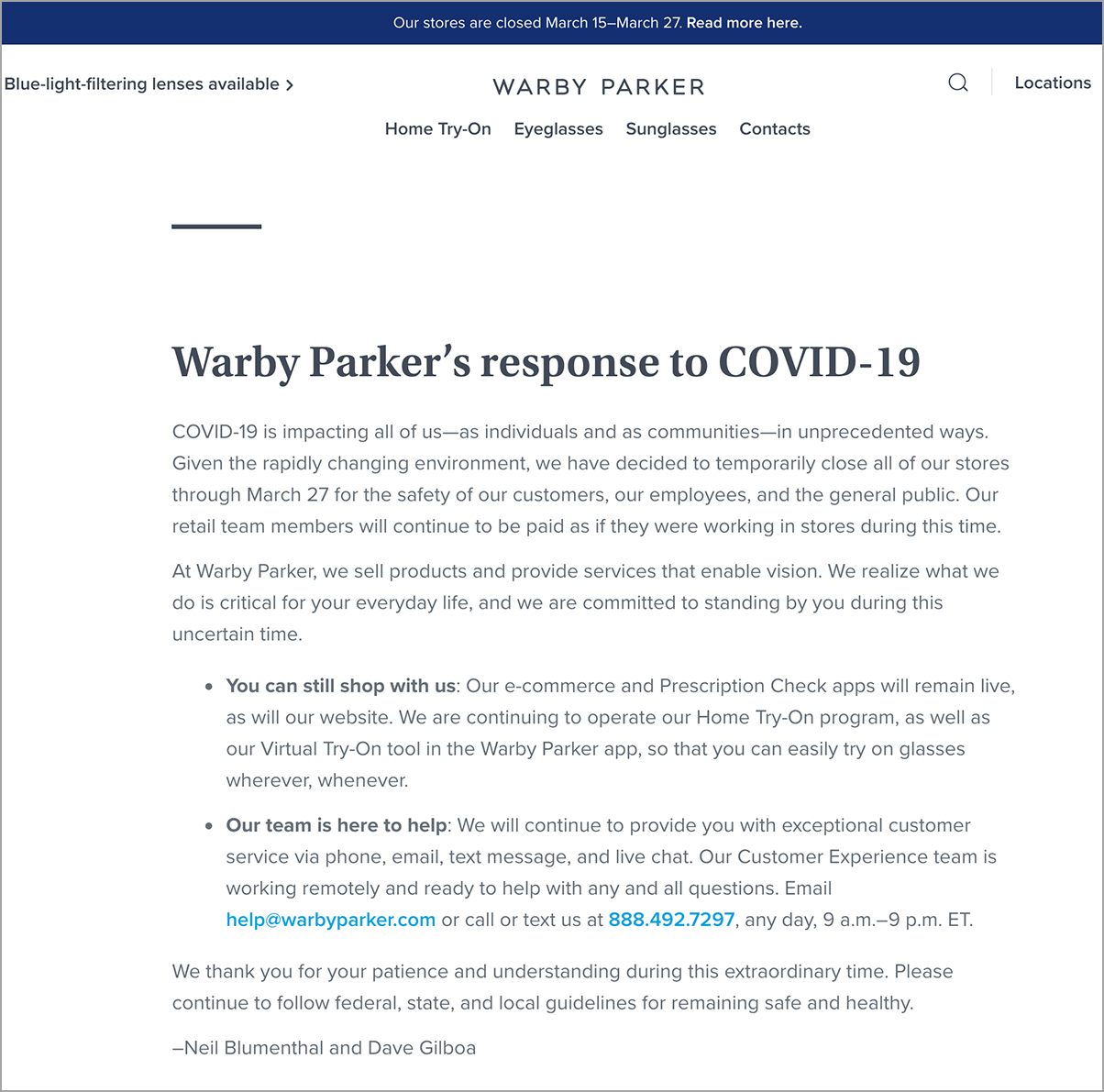 Warby Parker created a landing page and floating banner to communicate about Coronavirus (Covid-19)