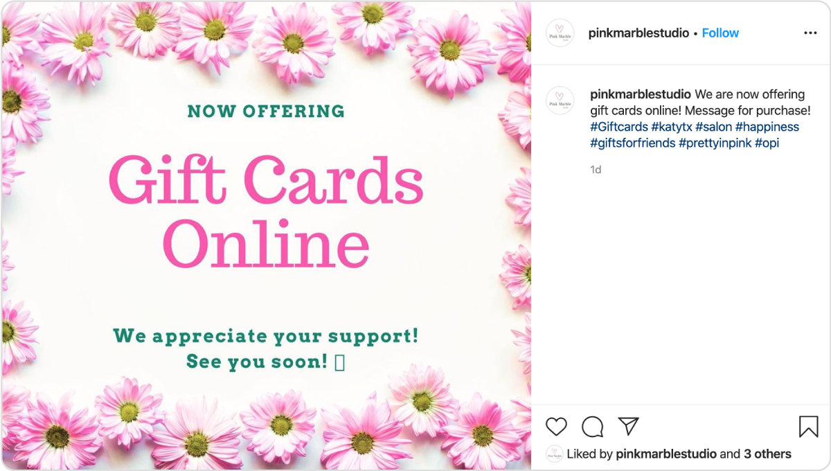 Pink Marble Studio offers gift cards