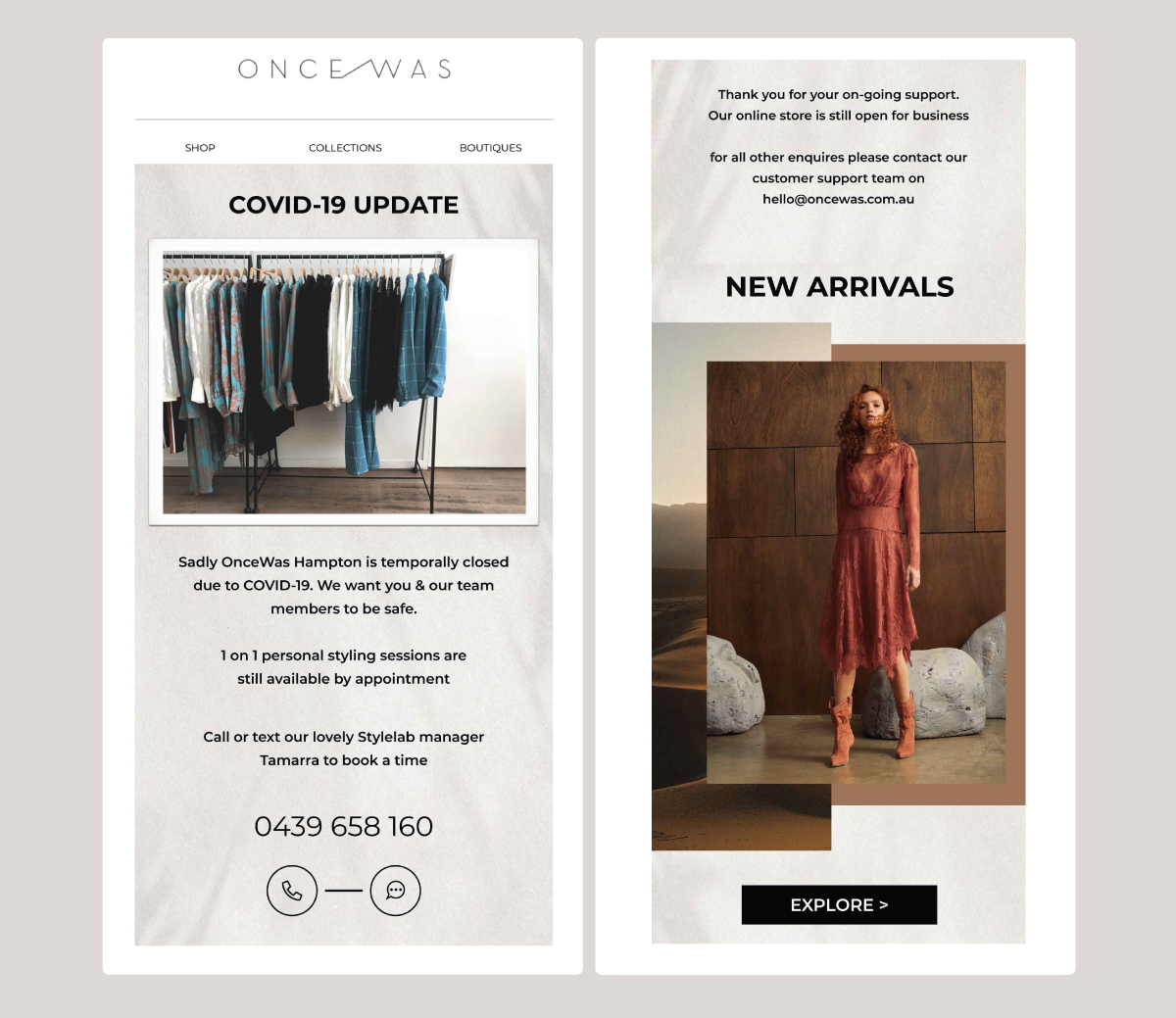 An email campaign from OnceWas providing customers with a COVID-19 store closure update.