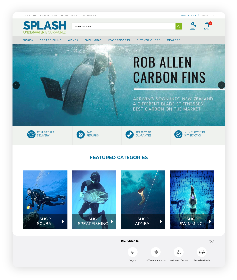 Splash's featured categories on their online store