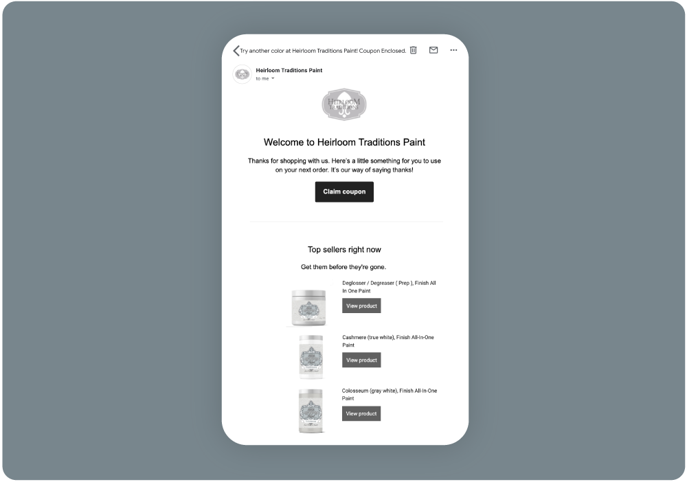 Heirloom Traditions Paint's product recommendations within their emails