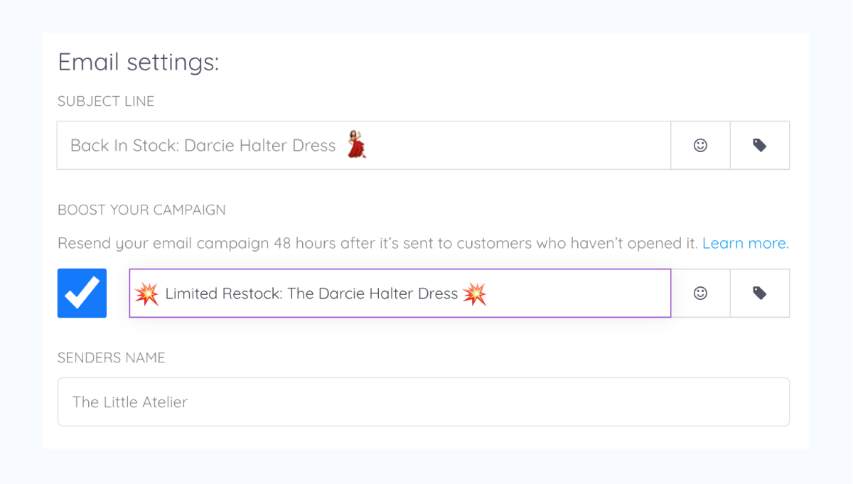 An email boost set-up with the secondary subject line of "Limited Restock: The Darcie Halter Dress"