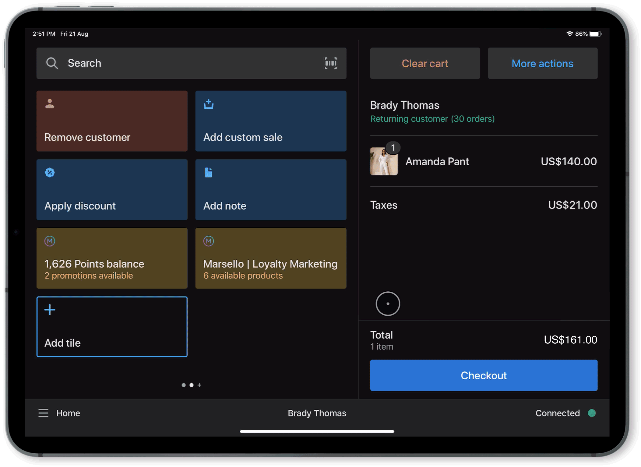 A GIF that showcases Marsello’s Product Recommendations for Shopify POS in action. The window is of a Shopify POS tablet screen with the step-by-step process of using Marsello’s Product Recommendations once a sale is almost through check-out.