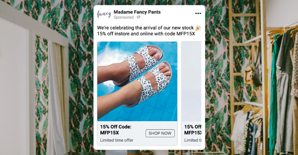 Madame Fancy Pants uses a Facebook ad carousel to marketing a 15% off discount featuring leopard print Birkenstocks over a swimming pool.