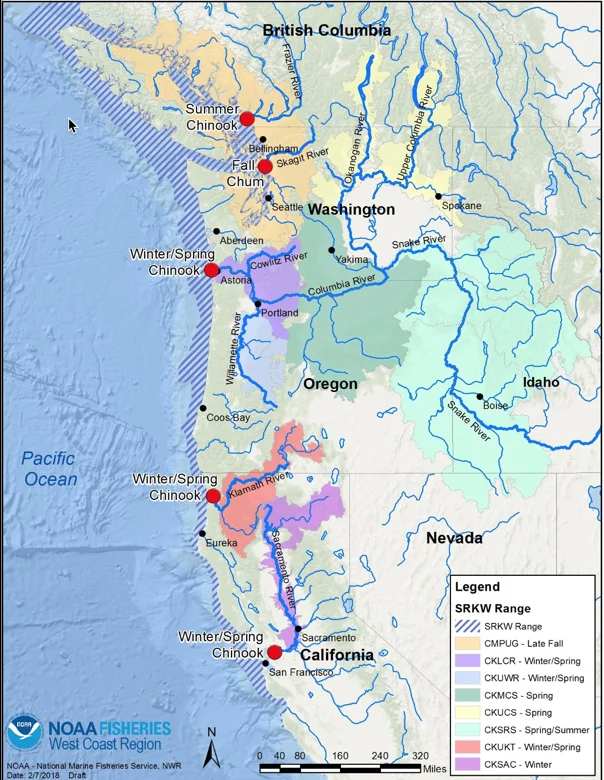 2018 Southern Resident killer whale range and prey ranges