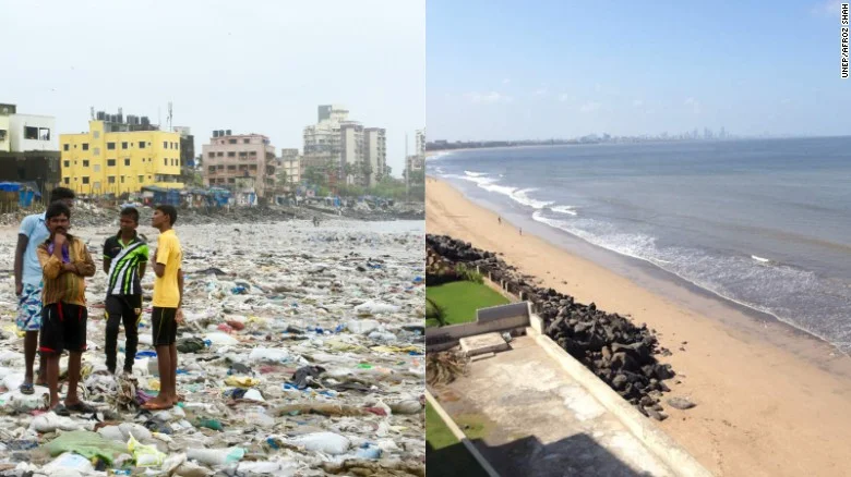 Before and after photos of the world’s largest beach cleanup photos courtesy of the Daily Mail