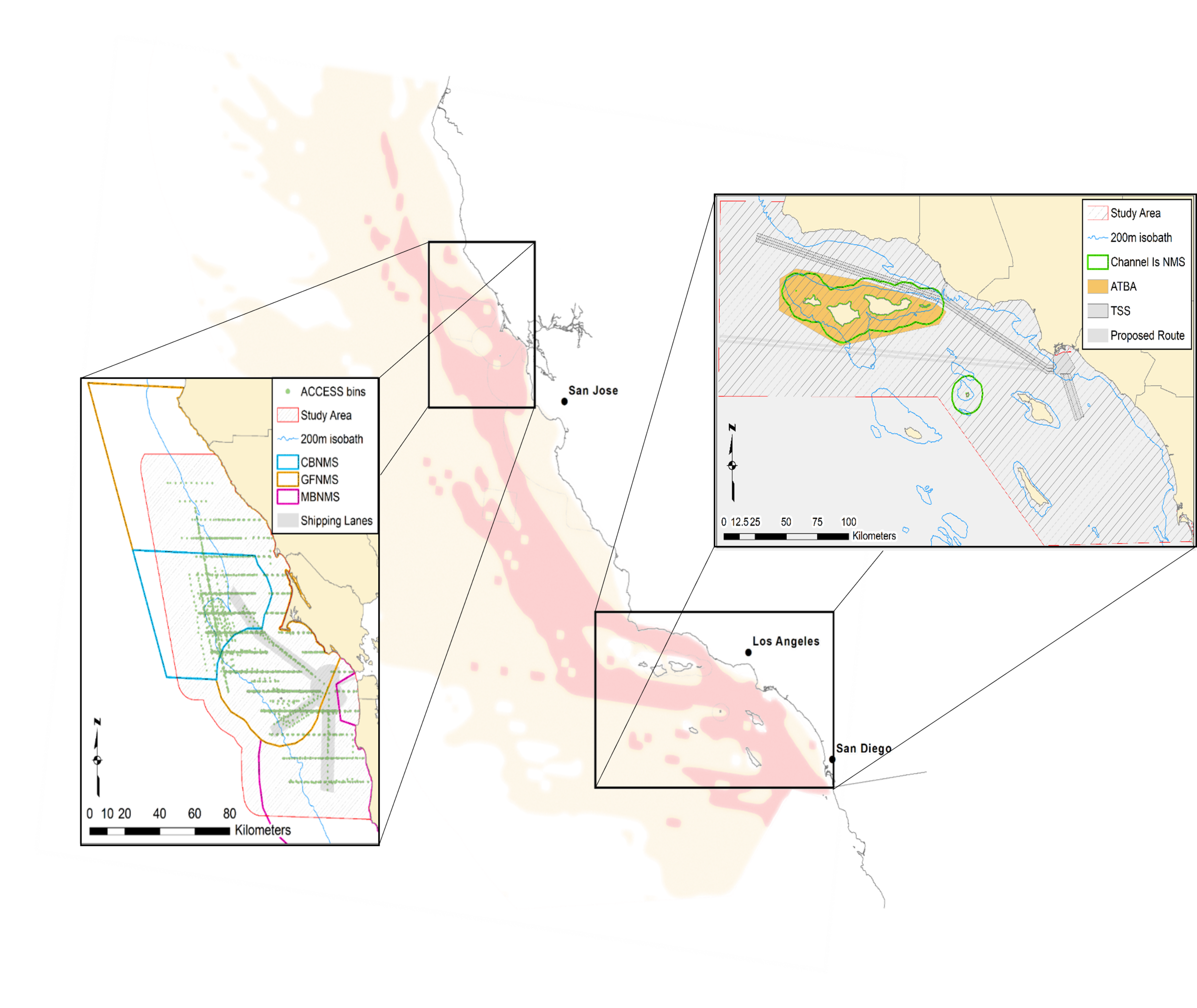 Map of the highest risk areas for ship strikes along California with insets of the port approaches for San Francisco and Southern California 