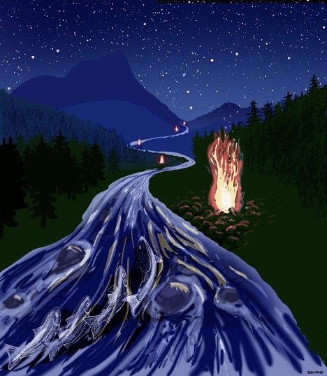 Painting of Historical Salmon Migration in the McCloud River with Fires Lit by the Winnemem Wintu Tribe to Guide their Journey