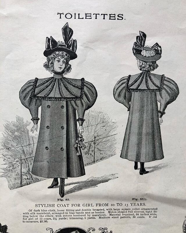 Stylish coat and hat for a girl from 10-13 years.  Toilettes magazine March 1896.  www.thehatmuseum.com 
#nationalhatmuseum #hatmuseum #vintagehats #antiquehats
#hatstyles #hathistory #ourhistory #milliner #millinery #millineryhistory #historicalcost