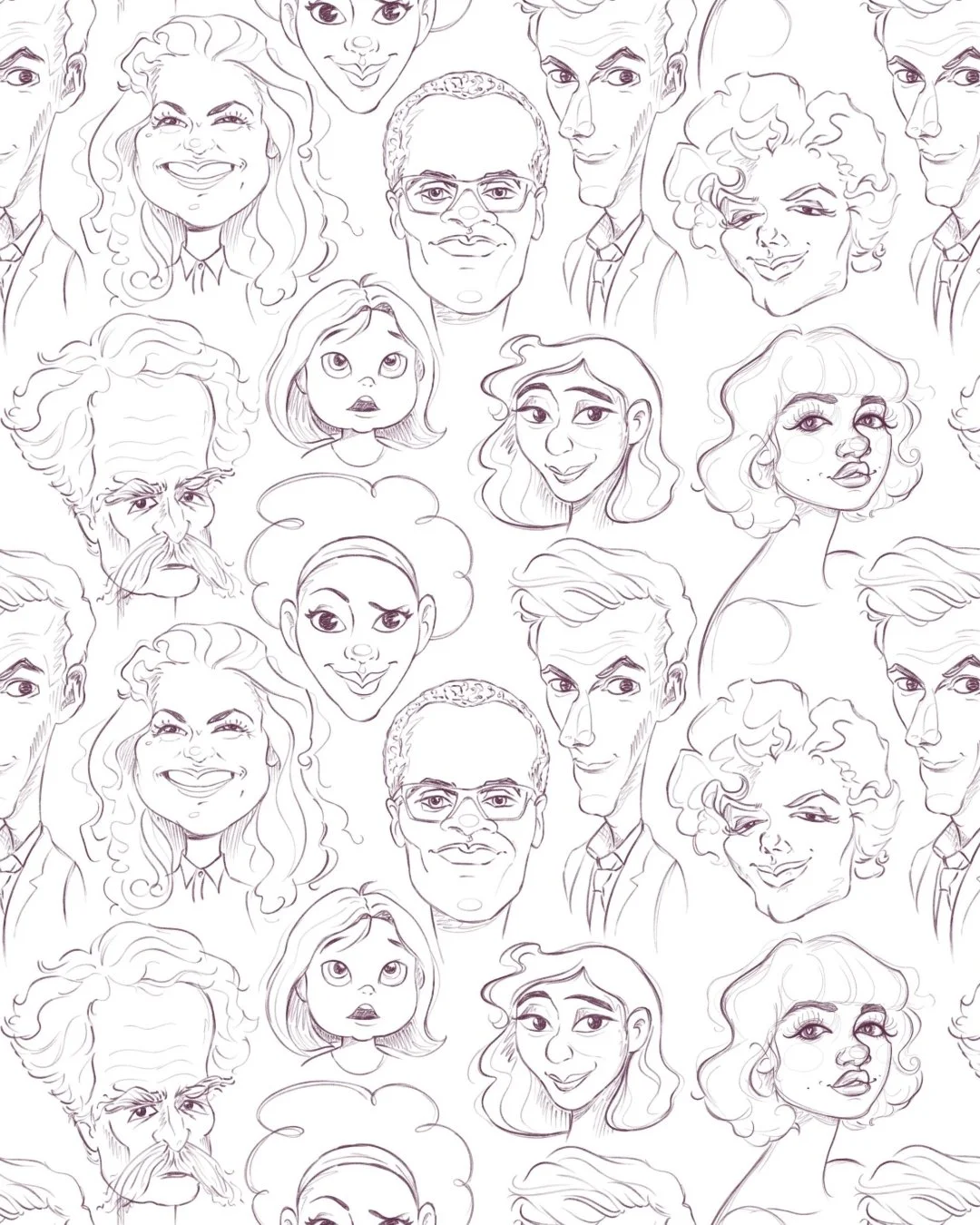 Naturally, I couldn't help myself and had to make a repeating pattern out of some of my caricatures.🤓🌟 I asked @dandcbooks if they'd want it for the inside cover, but since it's paperback and not hardcover, they didn't need it there. It ended up on