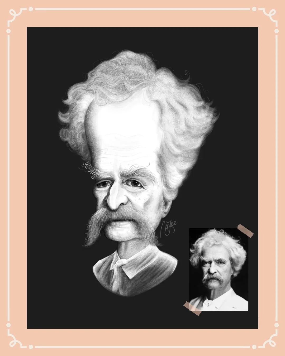 Mark Twain.⚓ This is one of the full step-by-step demos I walk through in my new book, 'Caricature Drawing Made Easy.' The month leading up to my manuscript deadline was crunch time city, let me tell ya. For one, I spent a good 6-8 hours just on care