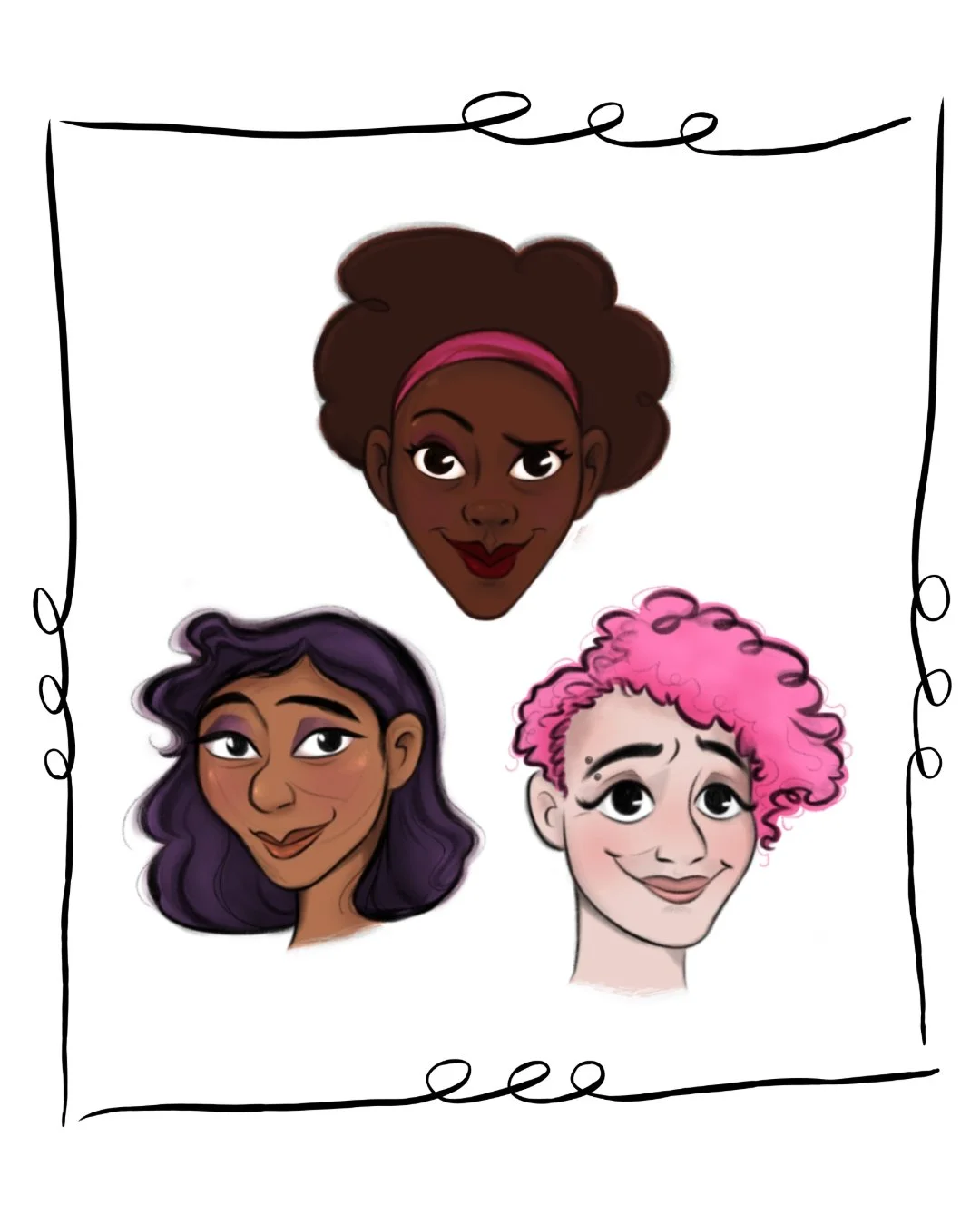 I drew these cartoony caricatures while people-watching at a coffee shop! (Yes, this person really did have pink hair, and yes, it was awesome.🩷) ☕

Art tip! Over the years, I've looked at how many, many different artists represent a wide variety of