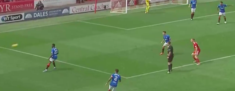 Ryan Jack is about to intercept the ball from an Aberdeen cross & will immediately be pressured by the Aberdeen player. Normally, this would lead to a rushed clearance.