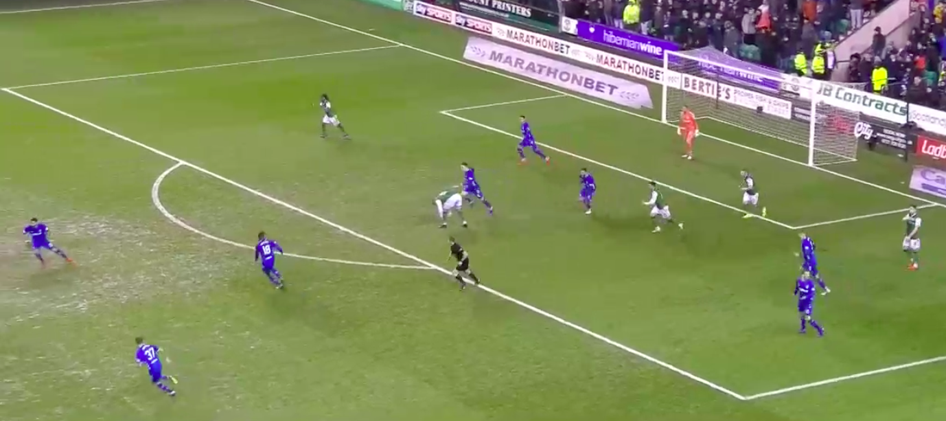 This is when Kamara first gains possession in an opportune situation to trigger a counter attack with Arfield & Candeias (the eventual goal scorer) ready to join him in attack. Also notice that half of Hibs’ 10 positional players are now suddenly behind the ball.