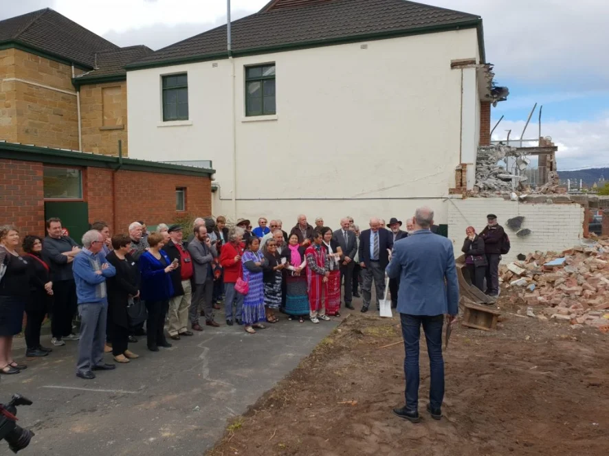 Senior Pastor Stephen Baxter addresses members of the church, 1+2 Architecture and local members of government at the official soil turning ceremony. Image: Hobart Baptist Church