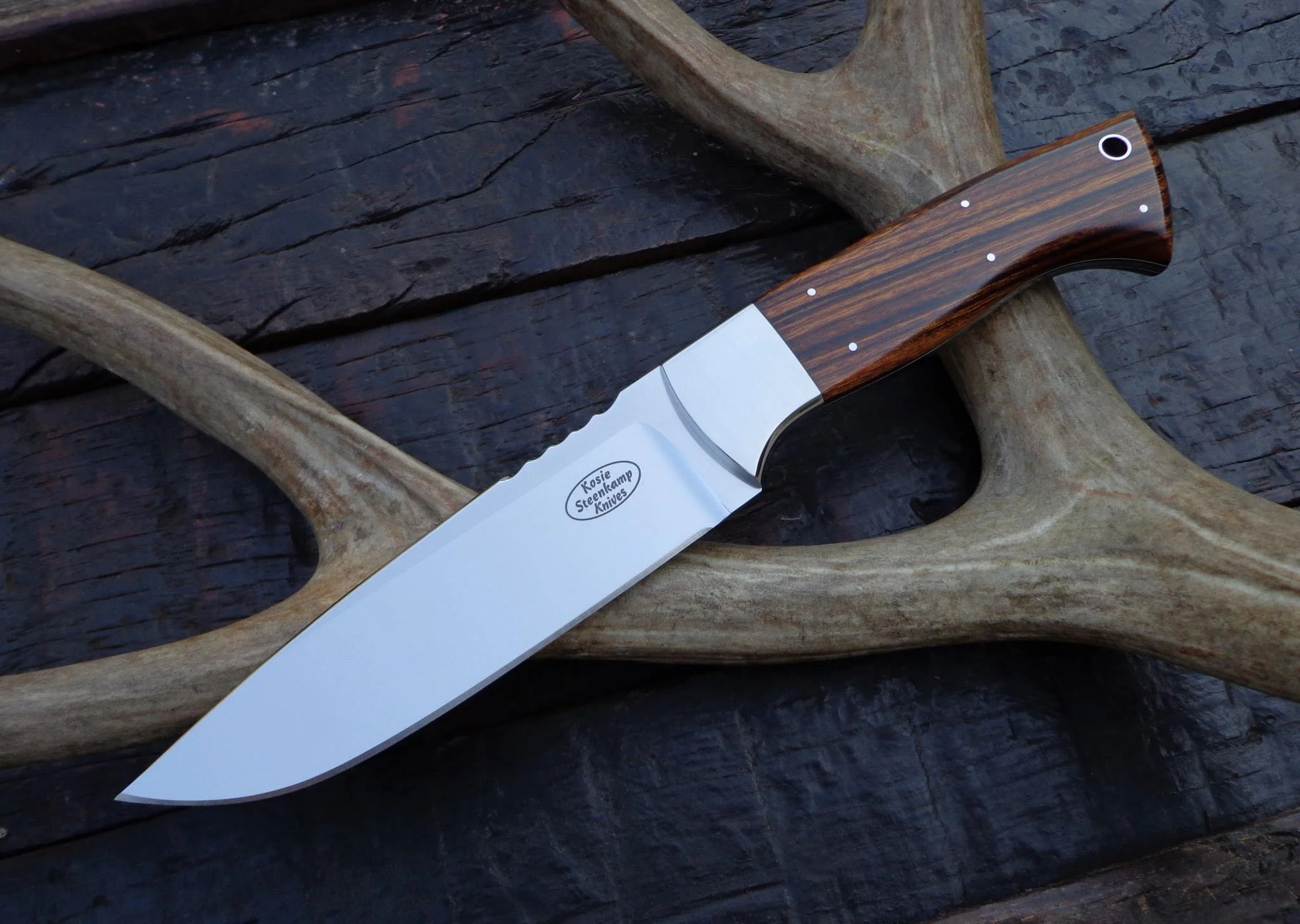 Big Hunter, Bohler N690 blade, 304 S/S bolster and Arizona Desert Ironwood handle.