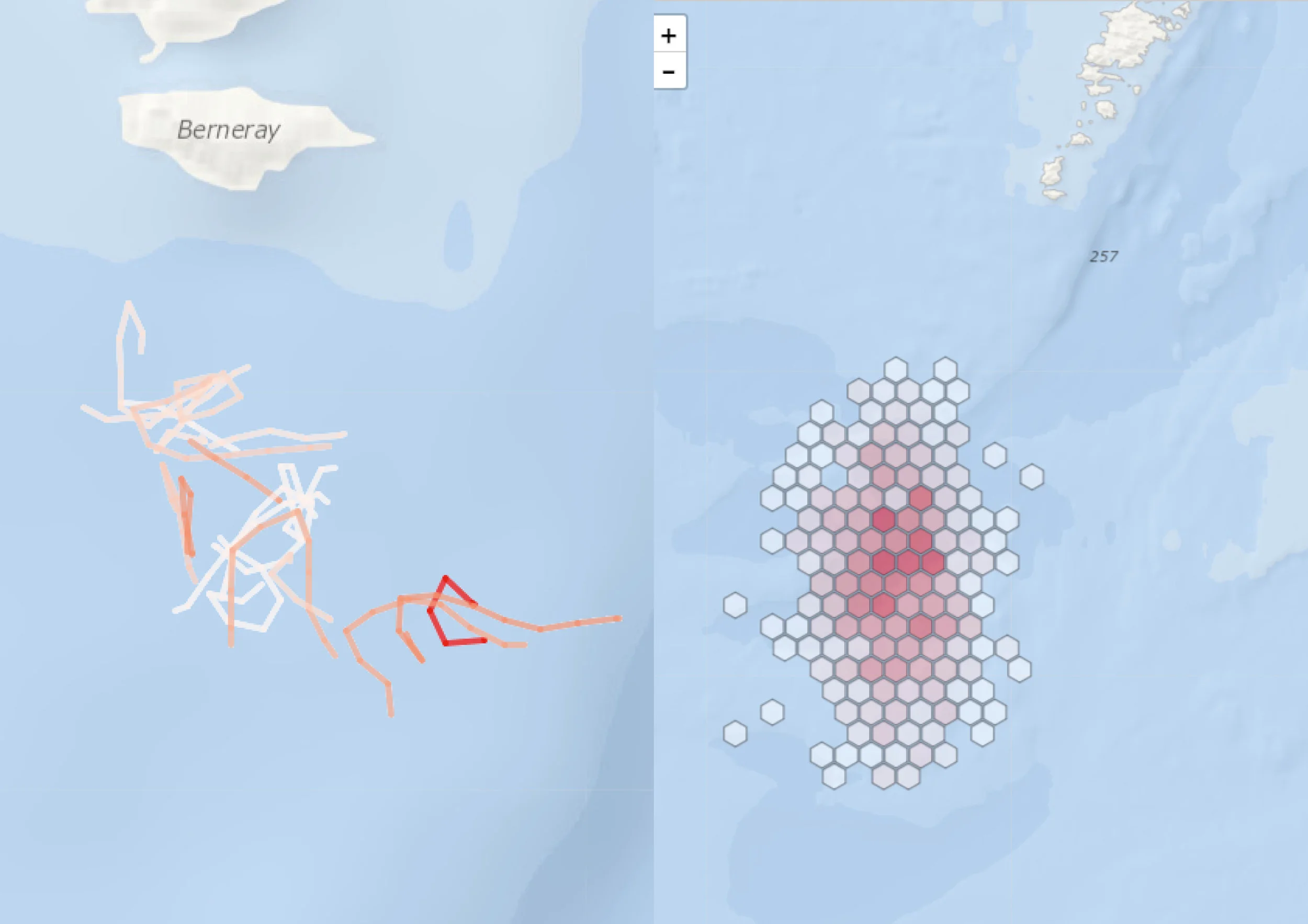 Figure 2: Examples of the potential data products that could be generated from cod/whiting catch information and reported back to fishermen. Left: tow tracks with high catch concentrations outlined; Right: heat map of catch concentrations.