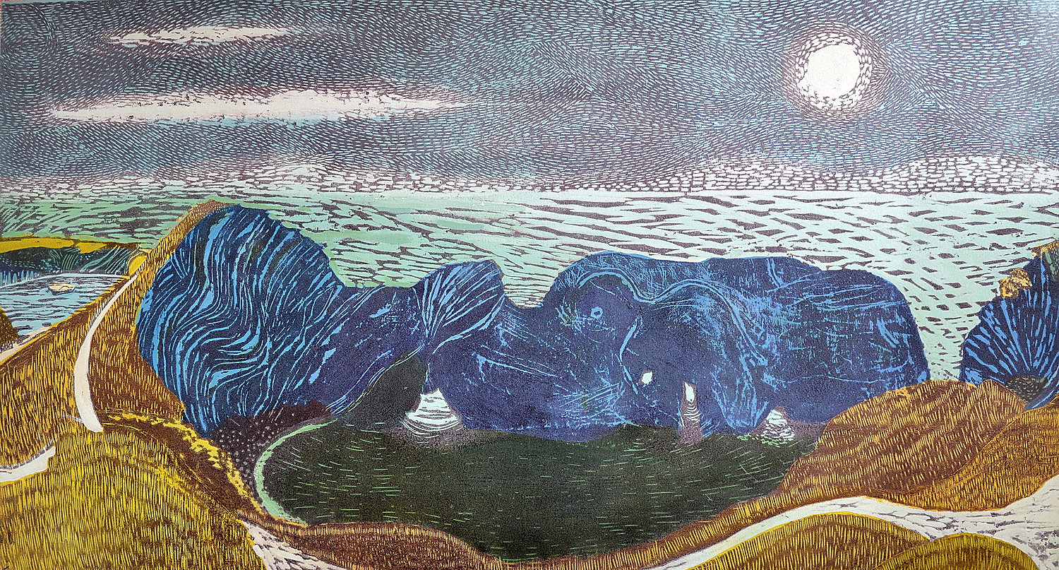   Land of the Twisted &amp; Fallen   version 1  woodcut/oil         995mm x 560mm 