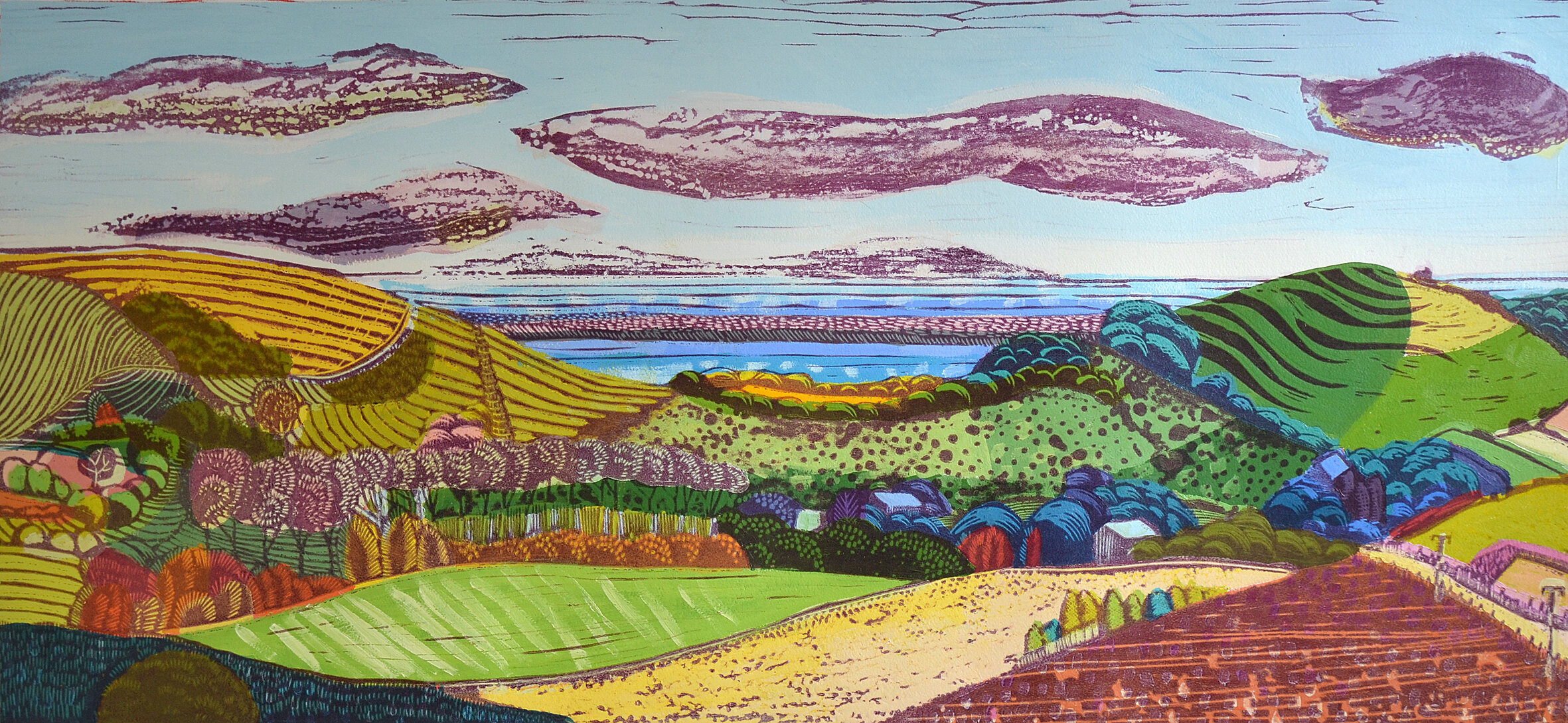   The Land of Sea + Air   version 12   linocut/oil 800mm x 380mm SOLD Further versions available 