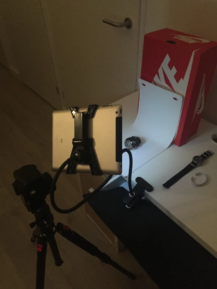 Yes, I turned off the yellow-ish room light before actually taking the shot! Using a simple backdrop and a lightsource from a high angle, you will create a photograph without a flecto.