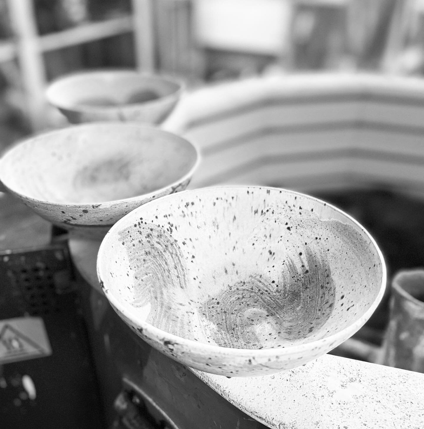 Ramen bowls. More to come. Each is uniquely decorated. White clay with iron flecks and black slip hakeme and a satin oatmeal fleck glaze. #handmade #hakeme #handmadeuk #thrown