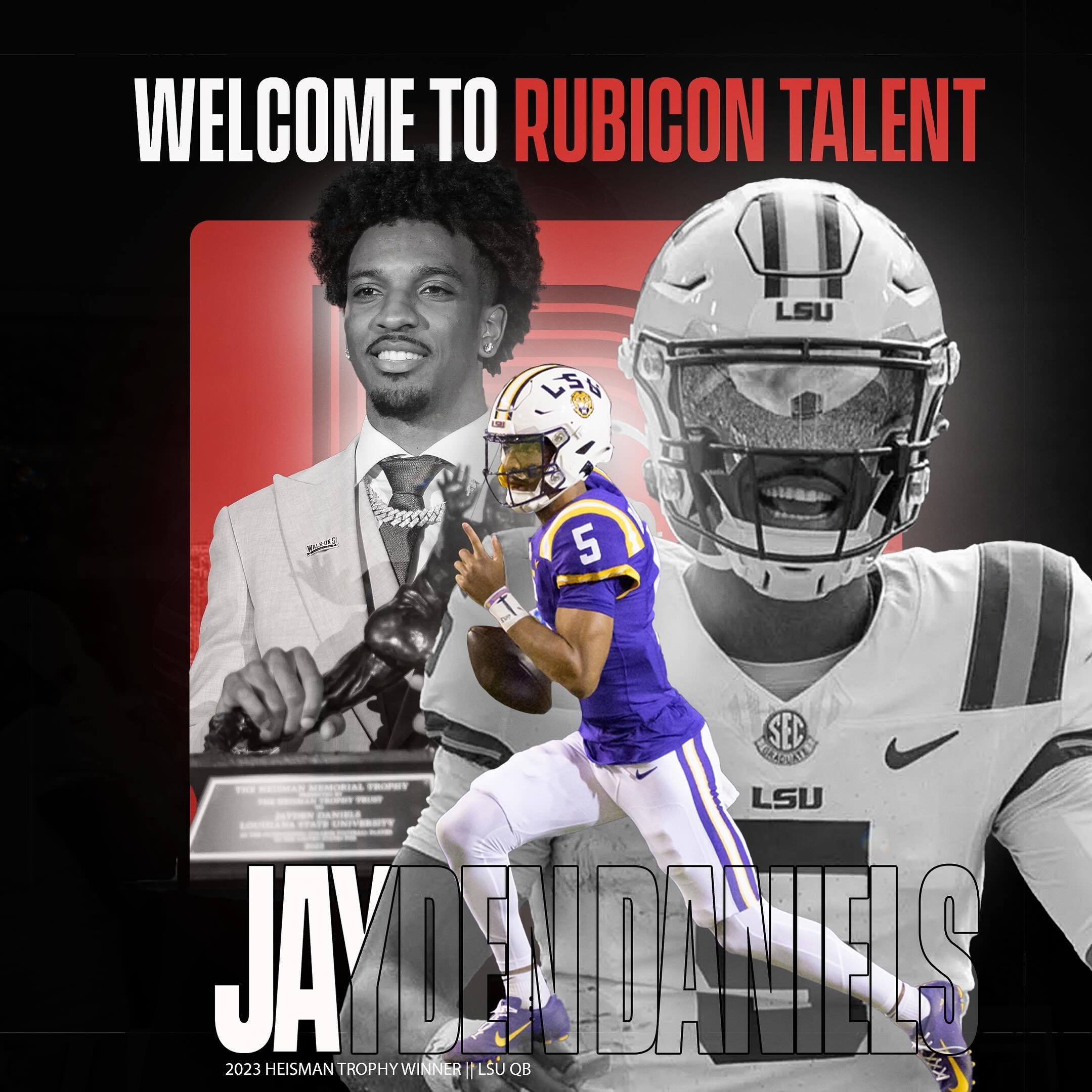 We are thrilled to welcome Heisman Trophy Winner, LSU Quarterback, Jayden Daniels to Rubicon Talent!💫 

We will support and advise Jayden in all areas off-the-field, excluding all PR! Rubicon will work to develop his brand as well as build a strateg