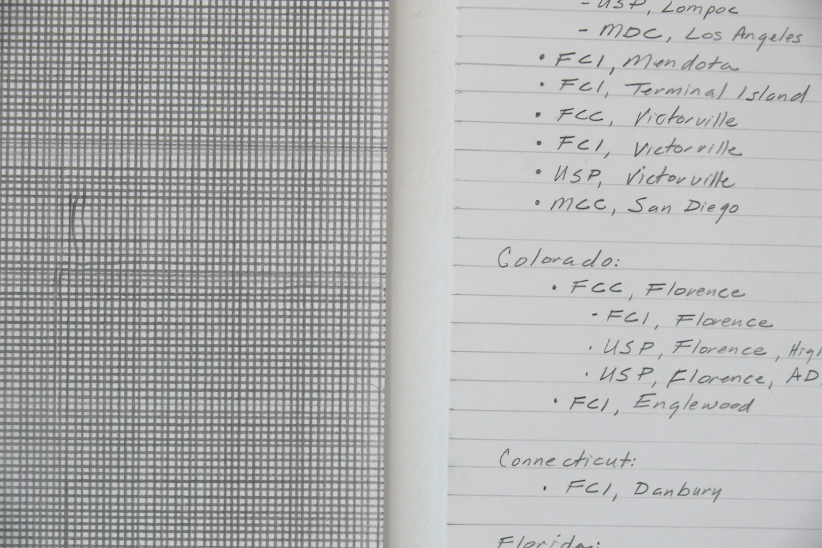 detail: Static/Blur , 2014, gridded page next to list of federal prisons in U.S. states