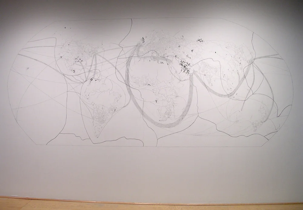 Current Events: Tsunami, Oil Reserves & Shipping Lines , 2005, graphite & felt on wall, Rosenberg Gallery, Baltimore, MD