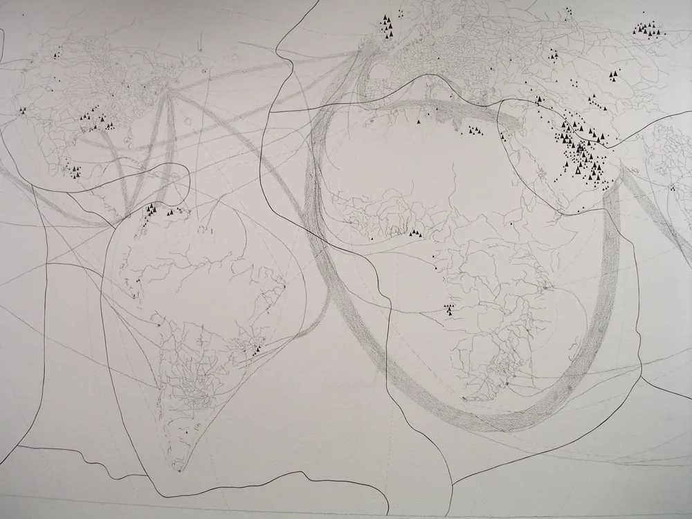 Detail: Current Events: Tsunami, Oil Reserves & Shipping Lines , 2005, graphite & felt on wall, Rosenberg Gallery, Baltimore, MD