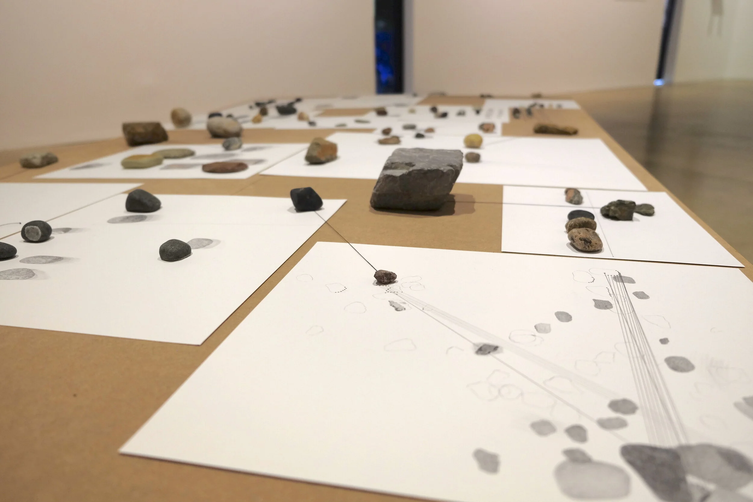  Detail,  Point, Line &amp; Stone , 2019, graphite and pencil color on Bristol, stones, thread, stand. 