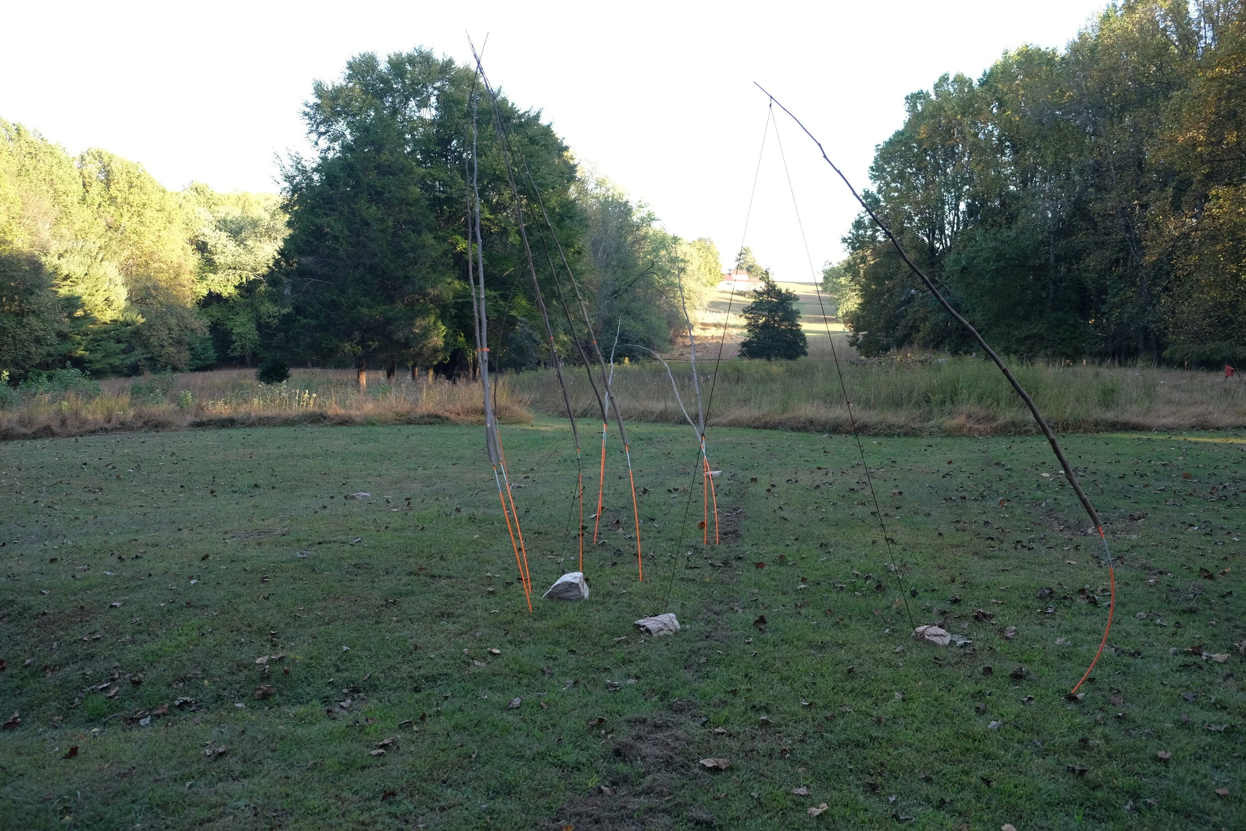   Sticks, Stones, Cording &amp; Traffic Markers , 2019, experimental land drawing. 