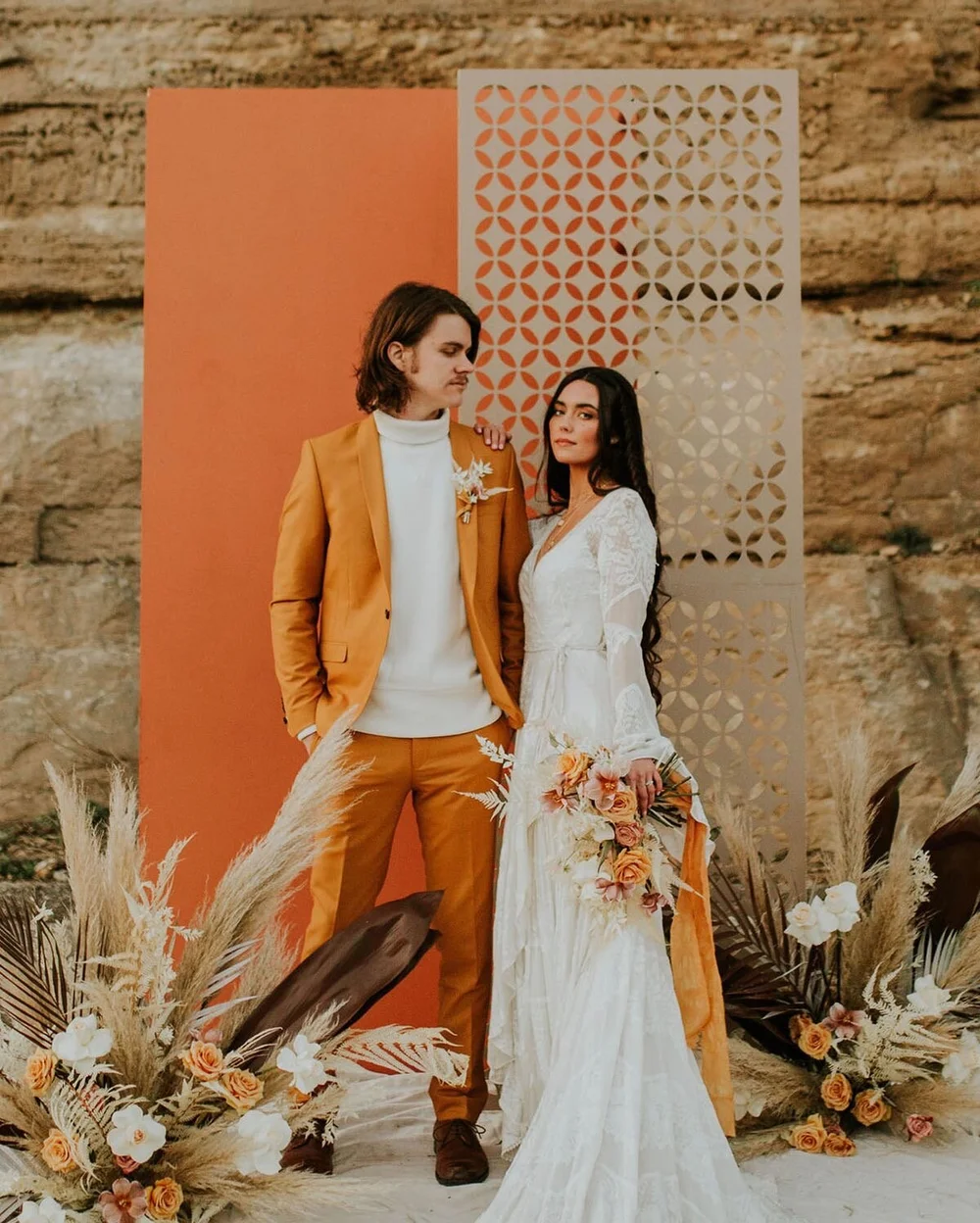 70s style wedding couple 