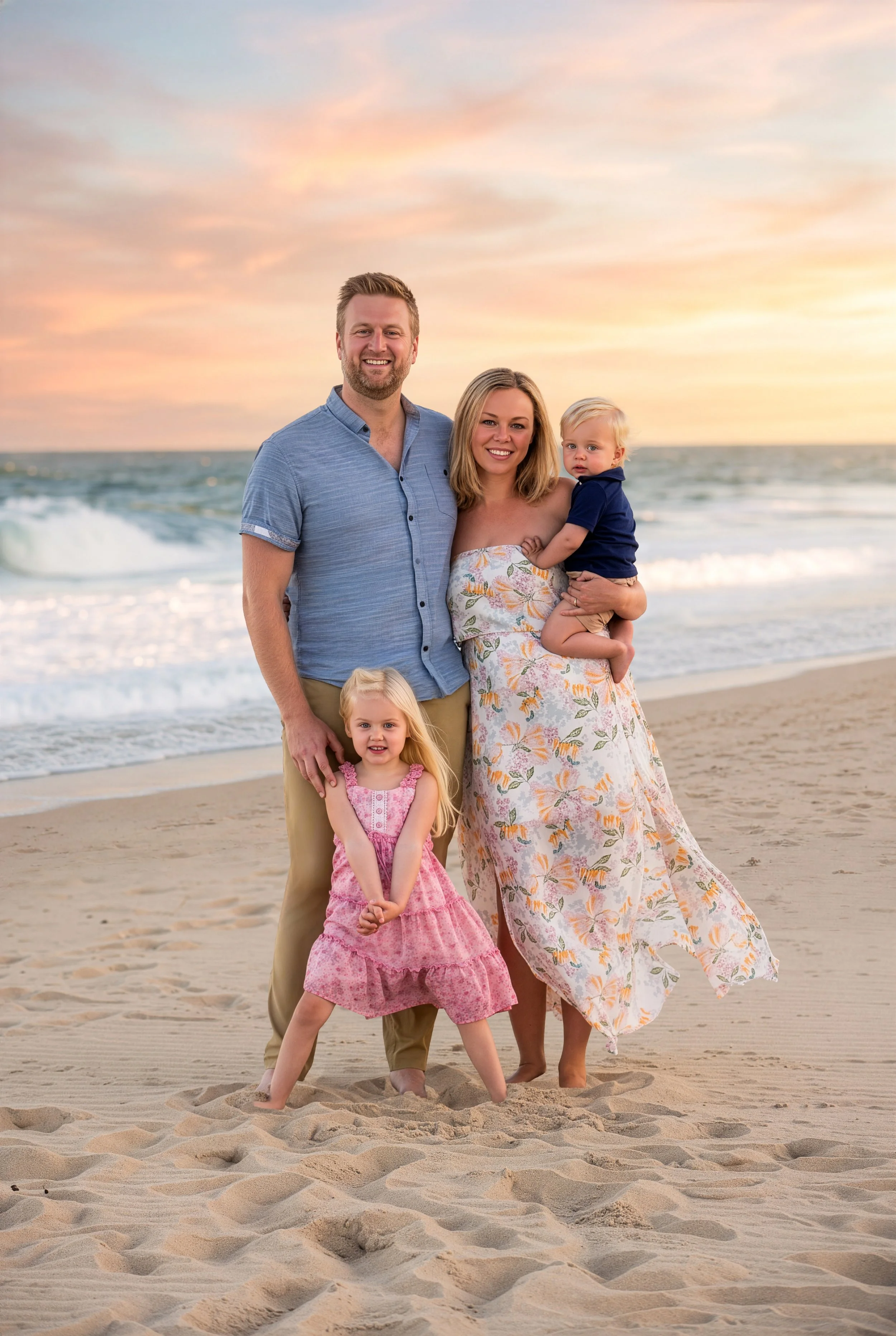 Family of five on the beach at sunset, including a man, a woman holding a baby, and two young girls, standing on sandy shore with ocean waves in the background.