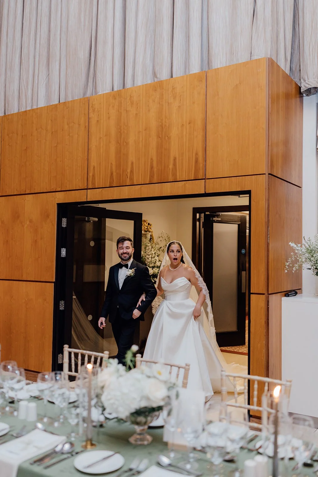 Bride and groom reaction at their first look at their wedding reception at Castlemartyr Resort