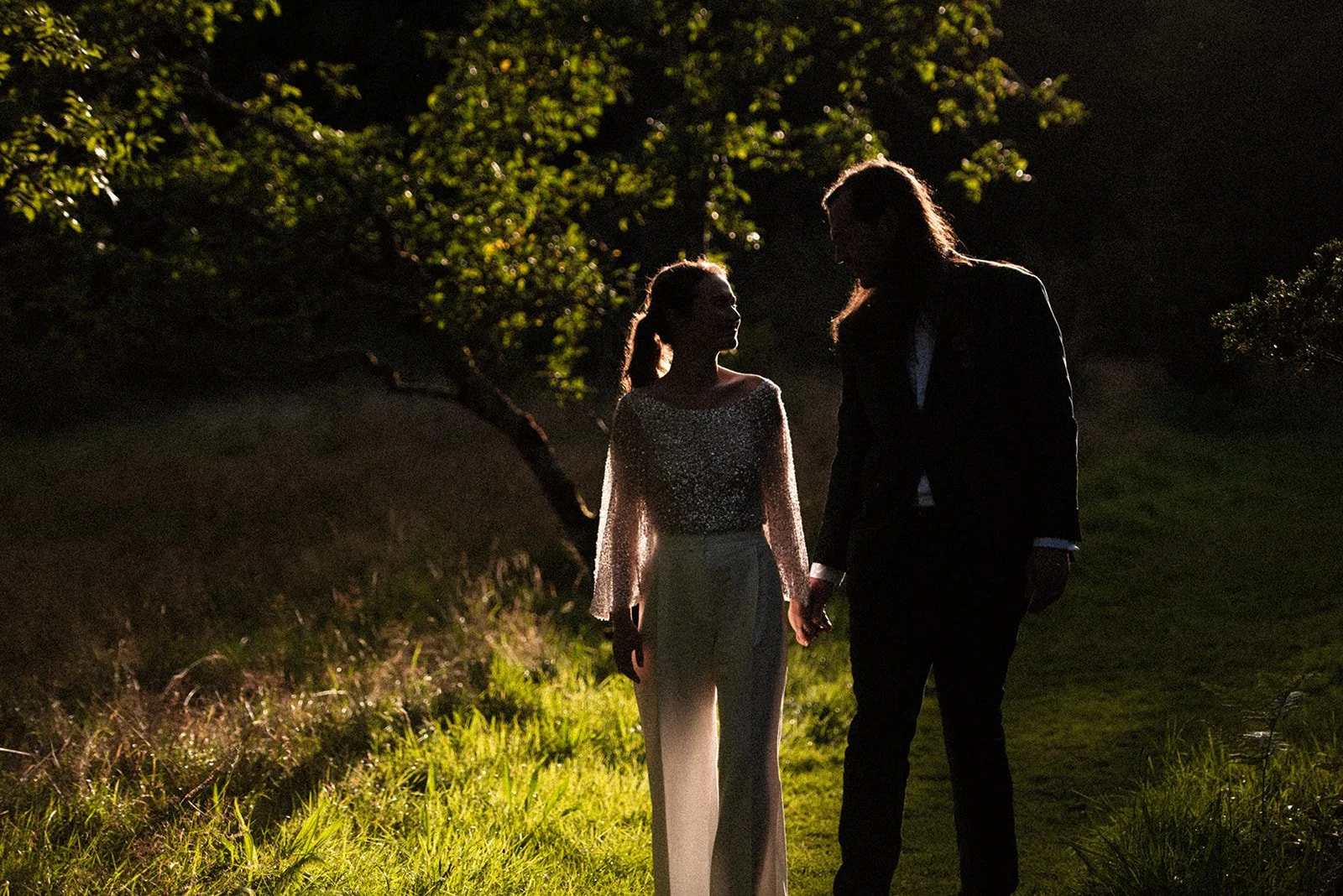 Silhouetted couple holding hands outdoors at sunset, standing on grass near trees.
