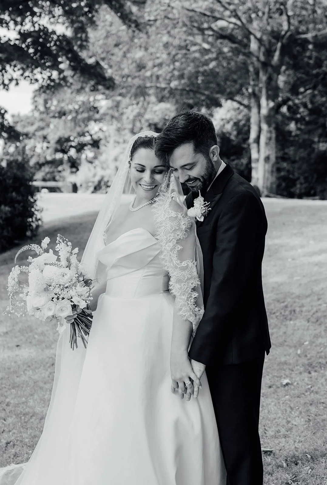 Black and white portrait of the bride and groom at Castlemartyr Resort
