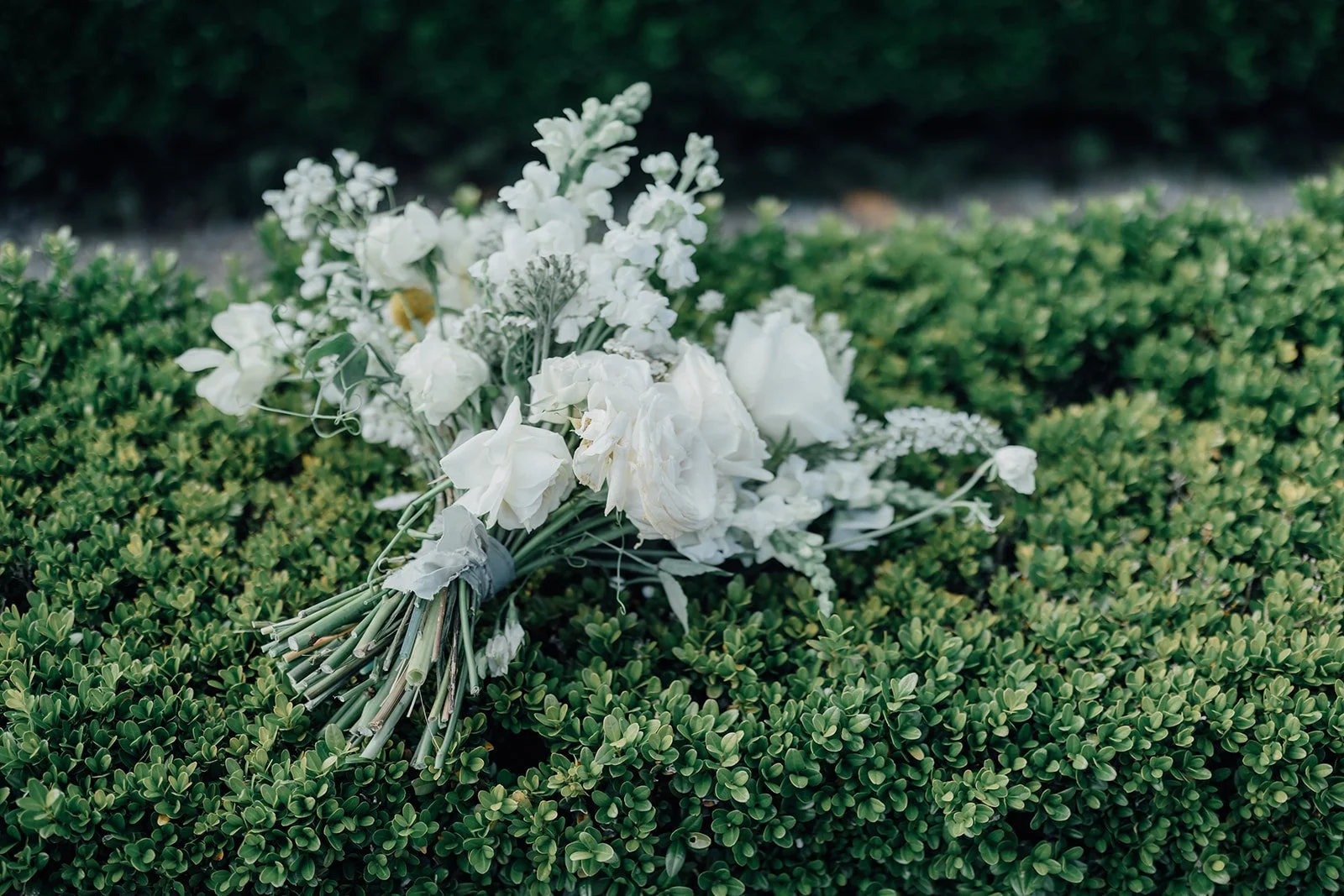 Bridal bouquet on a hedge at Castlemartyr Resort