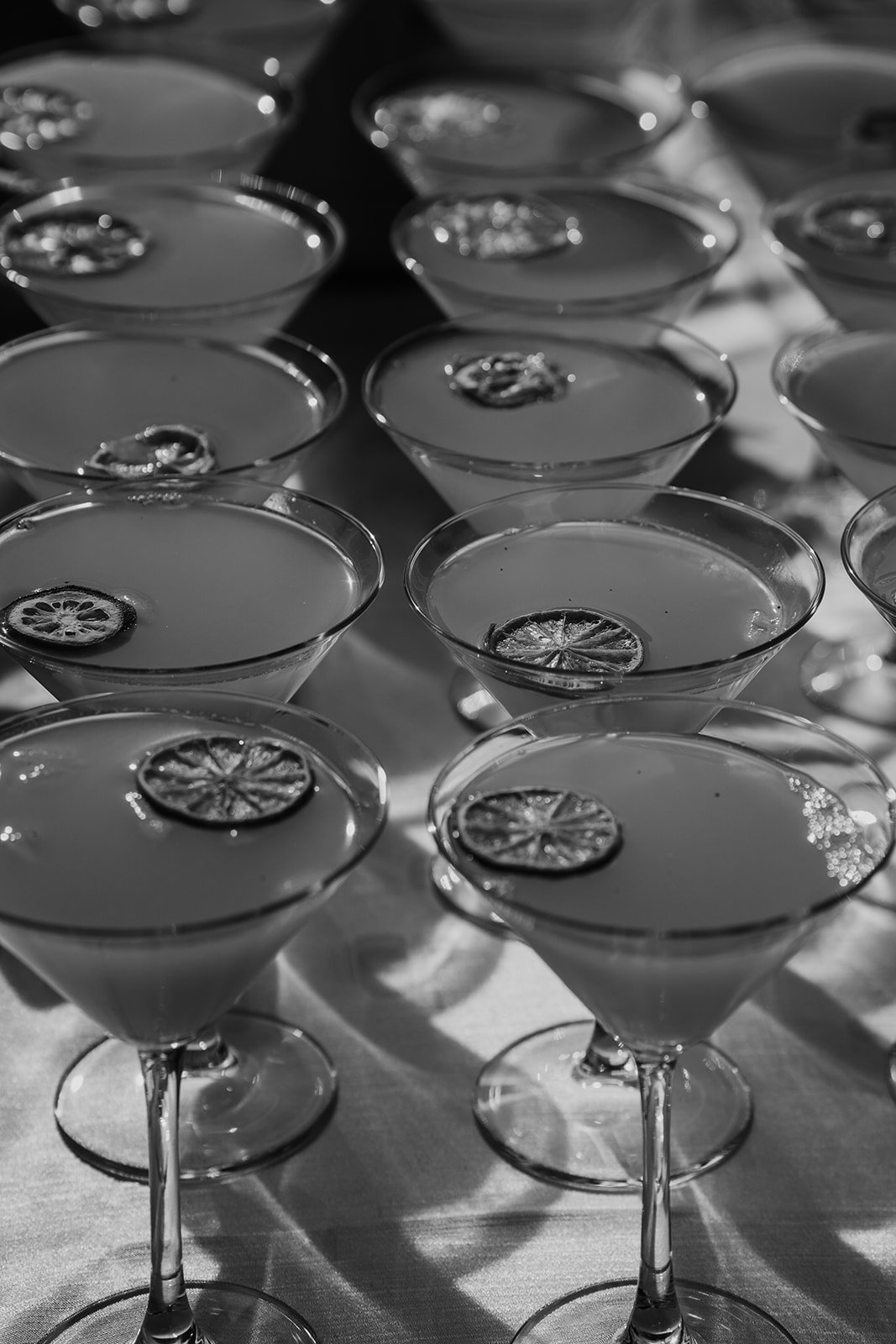 Multiple cocktail glasses with lemon slices on a table.