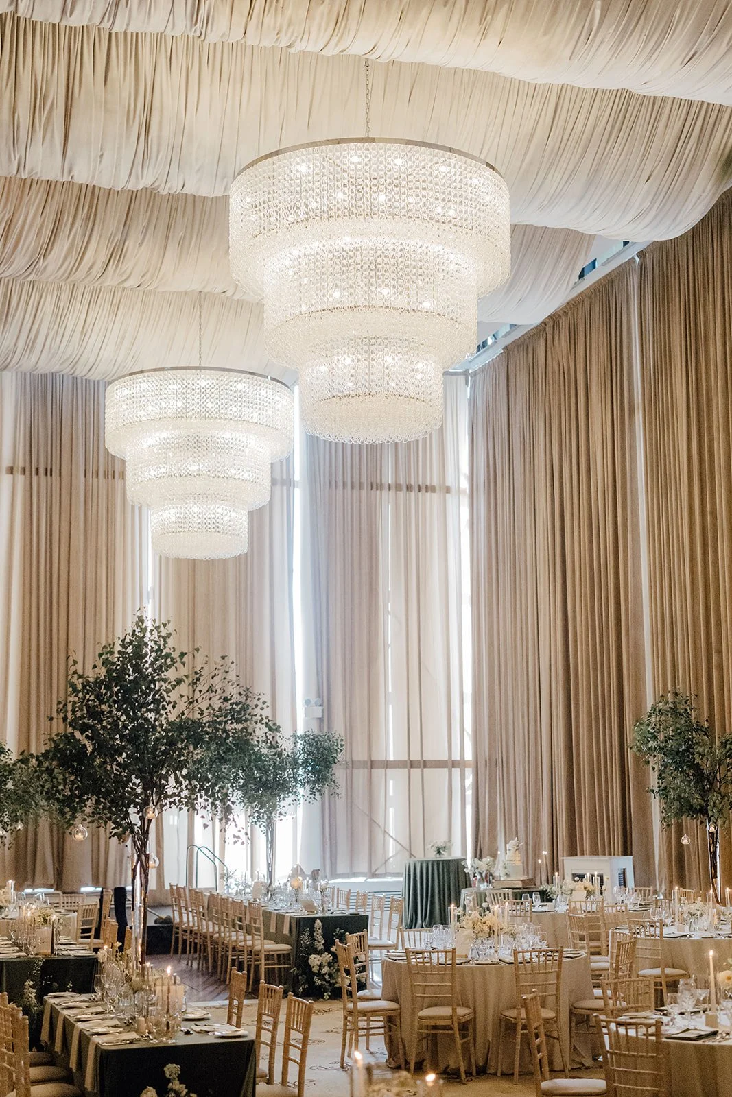 Chandeliers and trees in the ballroom at Castlemartyr Resort, Cork